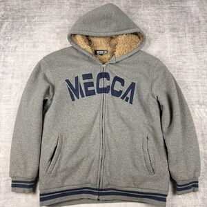 Vtg Mecca Sweater Mens XL Gray Sherpa Lined Spellout Full Zip Hoodie Y2K Hip Hop